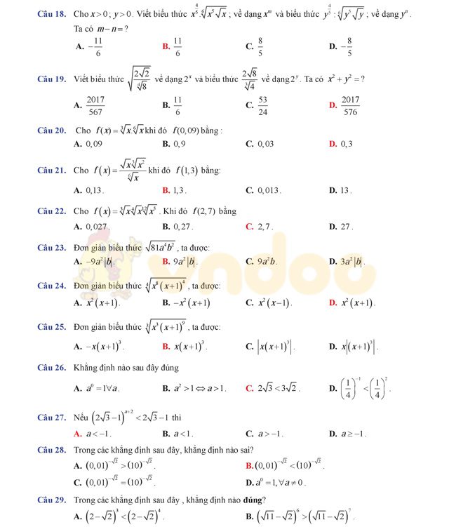 Bài tập trắc nghiệm chuyên đề mũ và logarit