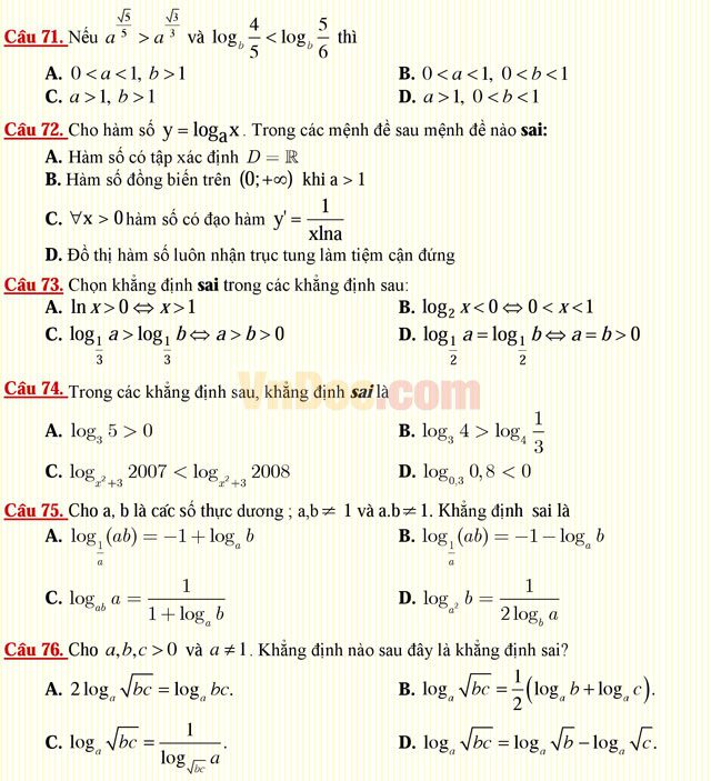 Câu hỏi trắc nghiệm môn Toán lớp 12: Hàm số lôgarit