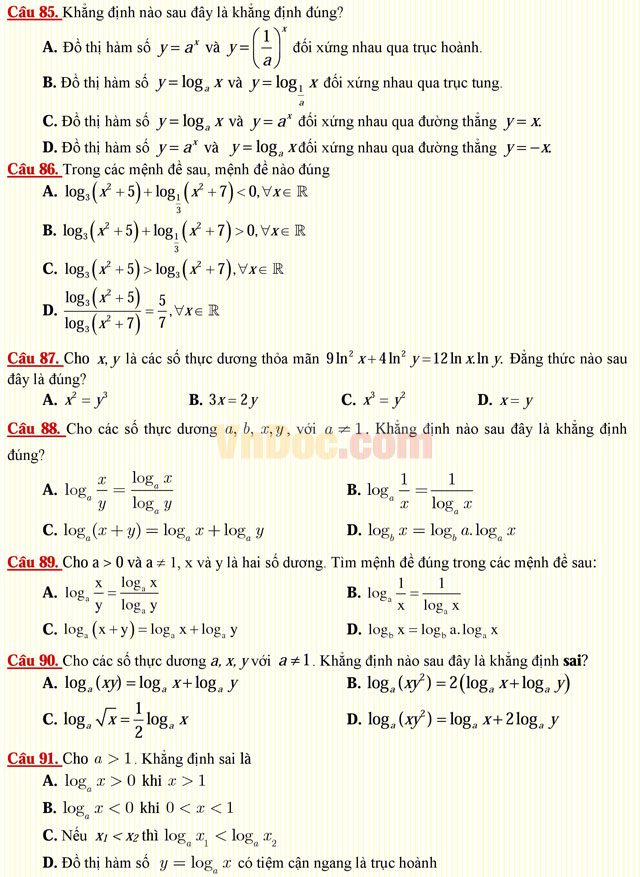 Câu hỏi trắc nghiệm môn Toán lớp 12: Hàm số lôgarit