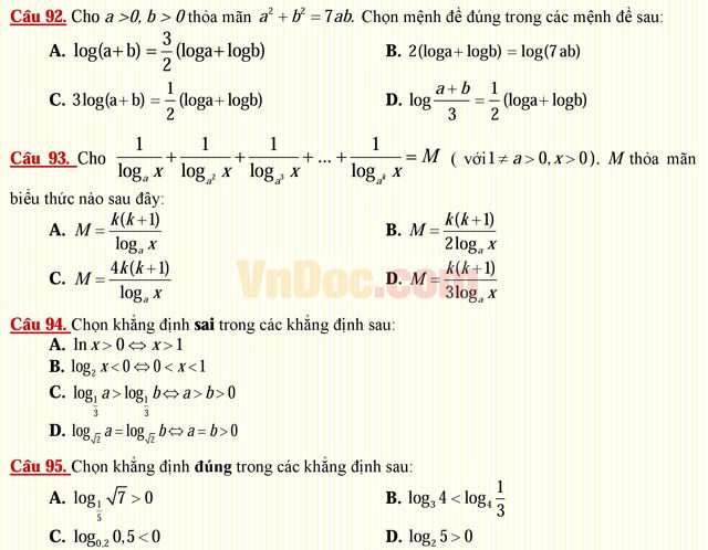 Câu hỏi trắc nghiệm môn Toán lớp 12: Hàm số lôgarit