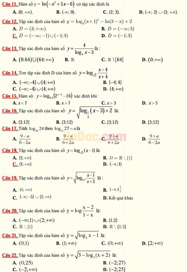 Câu hỏi trắc nghiệm môn Toán lớp 12: Hàm số lôgarit