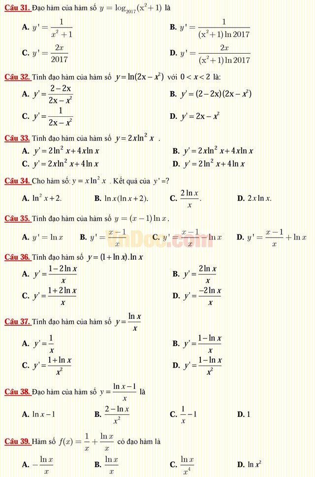 Câu hỏi trắc nghiệm môn Toán lớp 12: Hàm số lôgarit