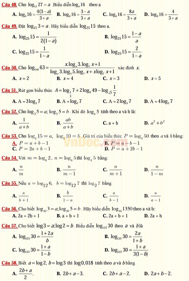 Câu hỏi trắc nghiệm môn Toán lớp 12: Hàm số lôgarit