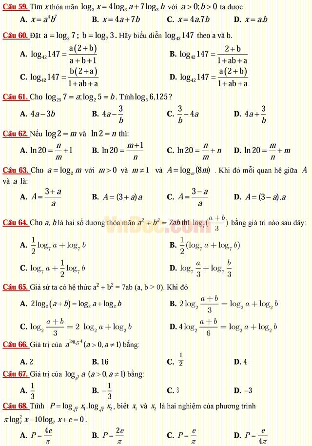 Câu hỏi trắc nghiệm môn Toán lớp 12: Hàm số lôgarit