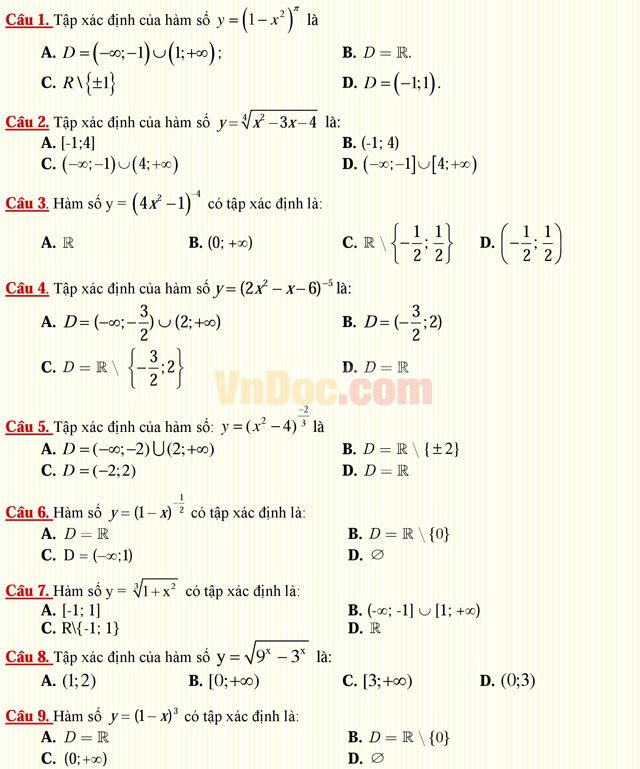 Câu hỏi trắc nghiệm môn Toán lớp 12: Hàm số lũy thừa - Hàm số mũ