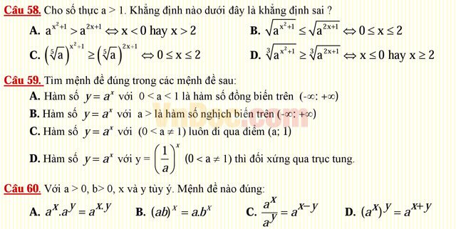 Câu hỏi trắc nghiệm môn Toán lớp 12: Hàm số lũy thừa - Hàm số mũ