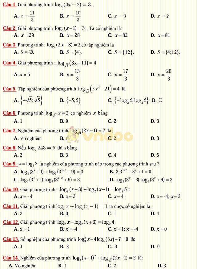 Câu hỏi trắc nghiệm môn Toán lớp 12: Phương trình lôgarit