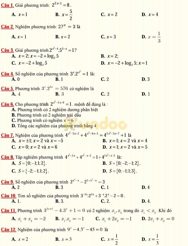 Câu hỏi trắc nghiệm môn Toán lớp 12: Phương trình mũ