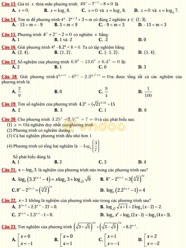 Câu hỏi trắc nghiệm môn Toán lớp 12: Phương trình mũ