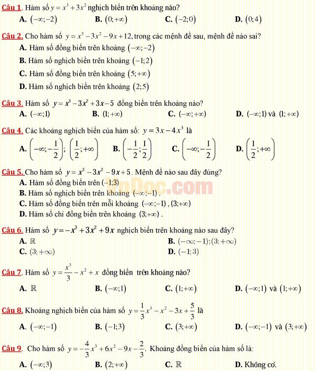 Câu hỏi trắc nghiệm môn Toán lớp 12: Sự đồng biến, nghịch biến của hàm số