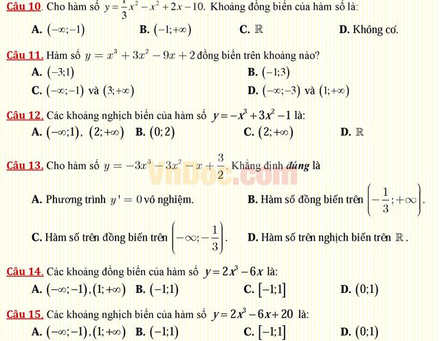 Câu hỏi trắc nghiệm môn Toán lớp 12: Sự đồng biến, nghịch biến của hàm số