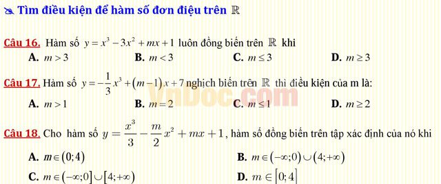 Câu hỏi trắc nghiệm môn Toán lớp 12: Sự đồng biến, nghịch biến của hàm số