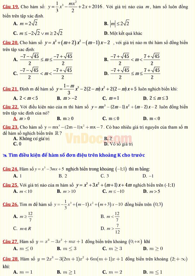 Câu hỏi trắc nghiệm môn Toán lớp 12: Sự đồng biến, nghịch biến của hàm số