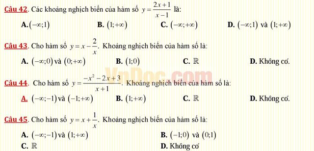 Câu hỏi trắc nghiệm môn Toán lớp 12: Sự đồng biến, nghịch biến của hàm số