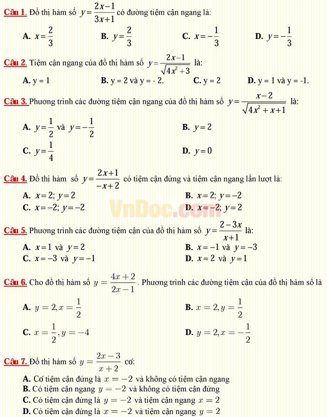 Câu hỏi trắc nghiệm môn Toán lớp 12: Đường tiện cận