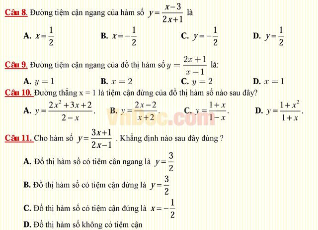 Câu hỏi trắc nghiệm môn Toán lớp 12: Đường tiện cận