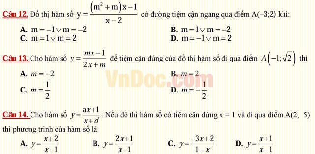 Câu hỏi trắc nghiệm môn Toán lớp 12: Đường tiện cận