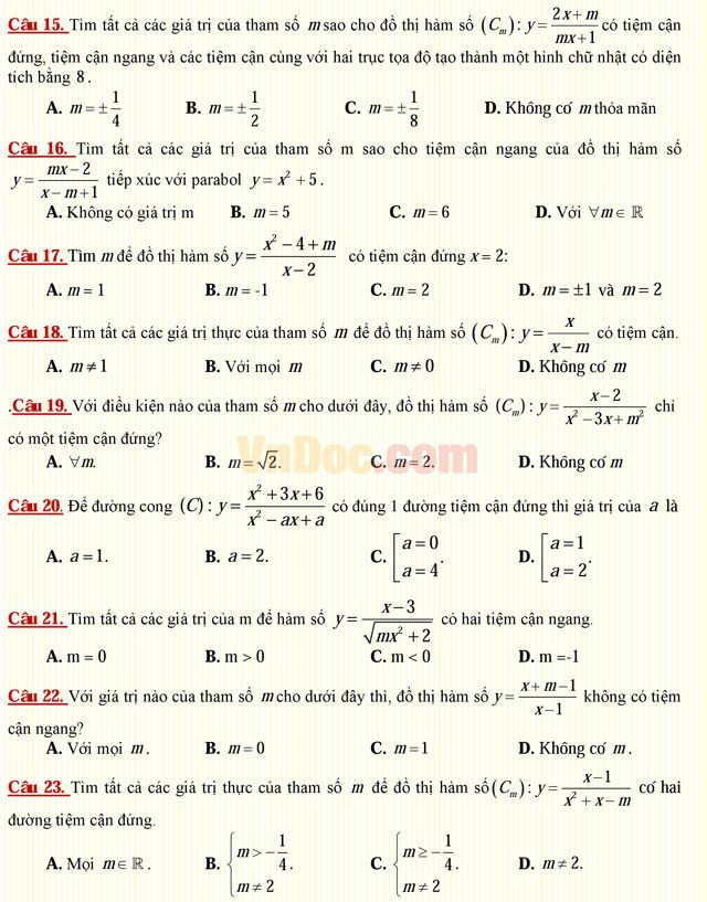 Câu hỏi trắc nghiệm môn Toán lớp 12: Đường tiện cận