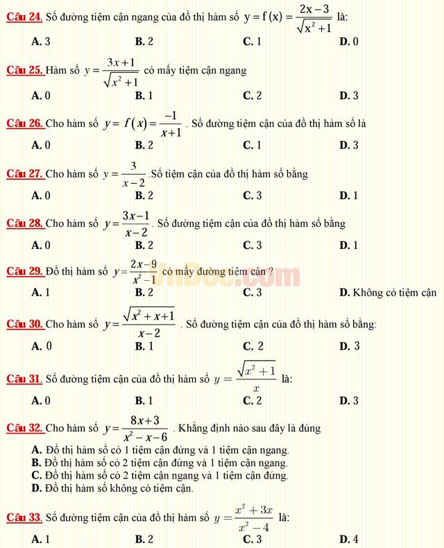 Câu hỏi trắc nghiệm môn Toán lớp 12: Đường tiện cận