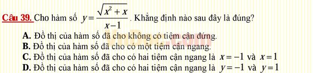 Câu hỏi trắc nghiệm môn Toán lớp 12: Đường tiện cận