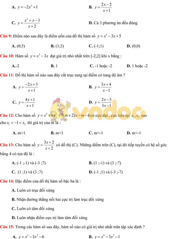 Đề kiểm tra 15 phút môn Toán 12: Sự đồng biến, nghịch biến của hàm số