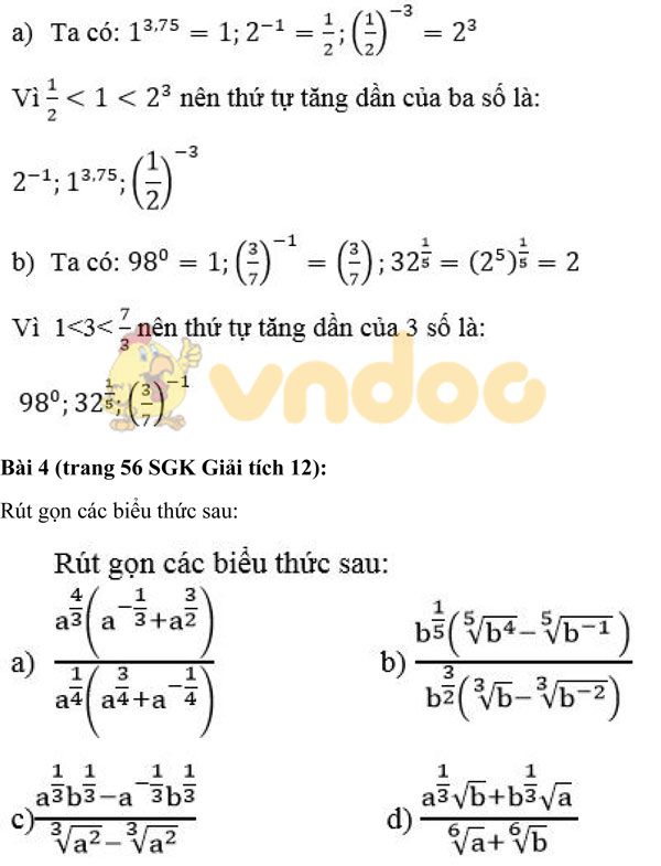 Giải bài tập trang 55, 56 SGK Giải tích lớp 12: Lũy thừa