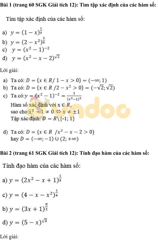 Giải bài tập trang 60, 61 SGK Giải tích lớp 12: Hàm số lũy thừa