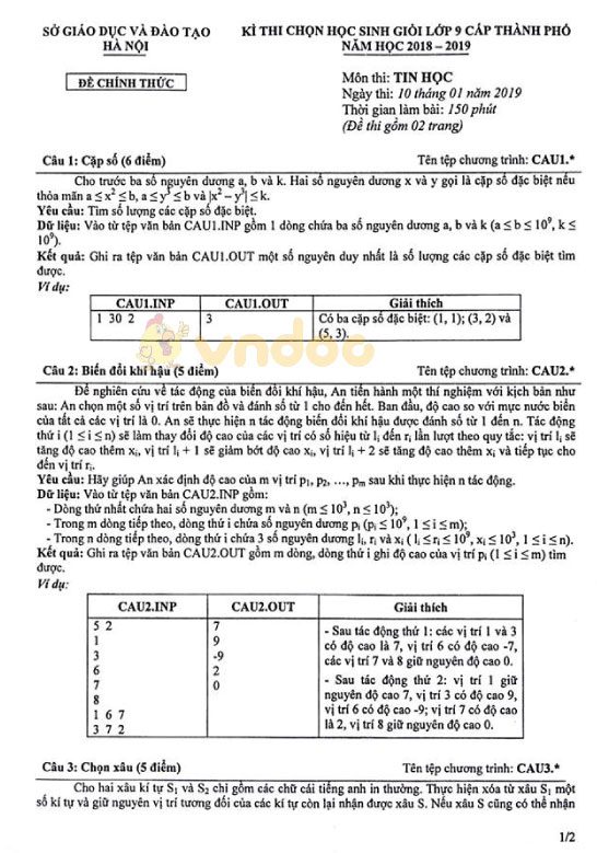 Đề thi chọn học sinh giỏi cấp thành phố lớp 9 môn Tin học Sở GD&ĐT Hà Nội năm học 2018 - 2019