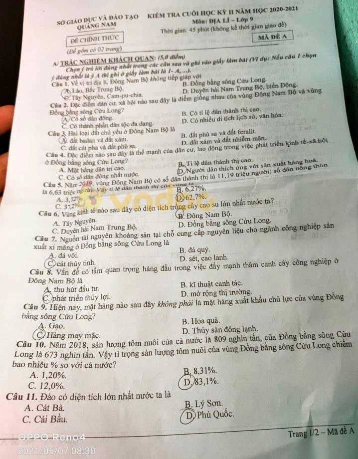 Đề thi học kì 2 lớp 9 môn Địa lý Sở GD&ĐT Quảng Nam năm 2020 - 2021