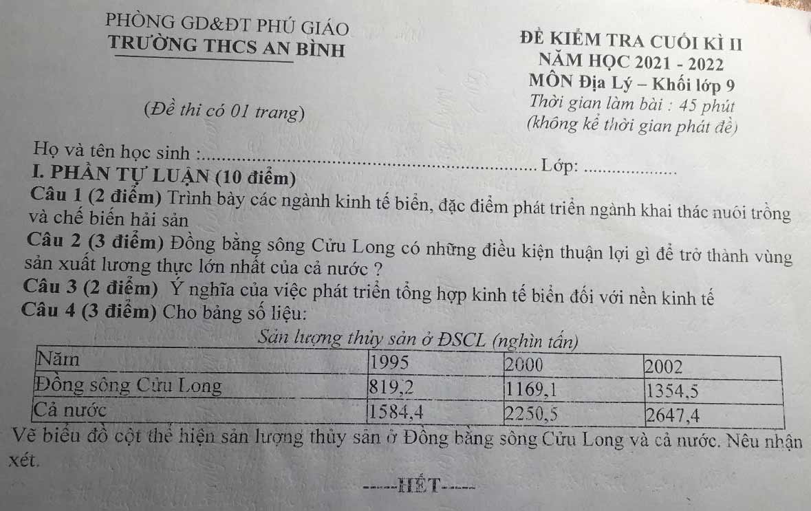 Đề thi học kì 2 lớp 9 môn Địa lý trường THCS An Bình, Bình Dương năm học 2021-2022