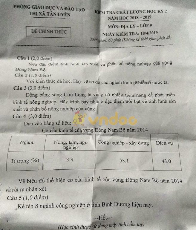 Đề thi học kì 2 lớp 9 môn Địa lý Phòng GD&ĐT thị xã Tân Xuyên năm học 2018 - 2019