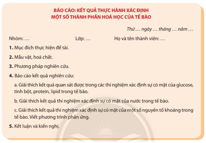 Giải Sinh 10 Bài 7: Thực hành: Xác định một số thành phần hóa học của tế bào CTST