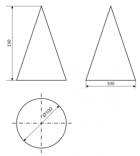 Lựa chọn tỉ lệ thích hợp, vẽ hình chiếu vuông góc của khối nón có đường kính đáy d = 100 mm, chiều cao nón h = 150 mm.