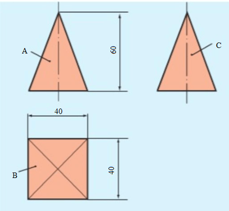 Cho hình chóp đều đáy vuông có chiều cao h = 60 mm, chiều dài cạnh đáy a = 40 mm (Hình 2.13). Hãy vẽ và ghi kích thước hình chiếu đứng và hình chiếu cạnh mới sau khi đặt mặt đáy của hình chóp