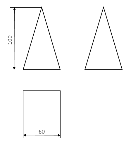 Vẽ các hình chiếu của khối chóp tứ giác đều Hình 2.6c với kích thước a = 60 mm, h = 100 mm.
