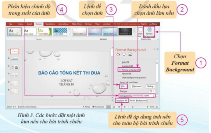 Em hãy thay đổi hình nền của toàn bài trình chiếu đã tạo ở trên bằng một ảnh tùy ý.